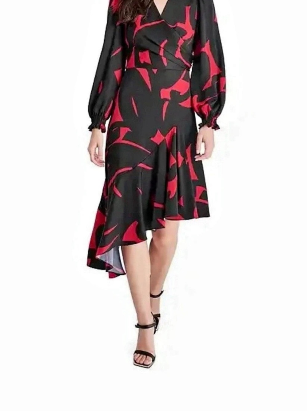 DKNY Abstract Wrap Midi Dress in Black & Red Size 6 NWT